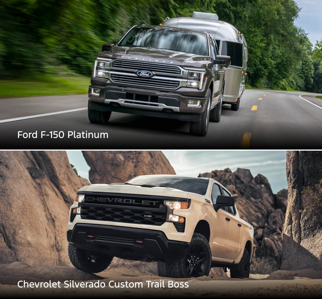 Ford F-150 Platinum and Chevrolet Silverado Custom Trail Boss shown