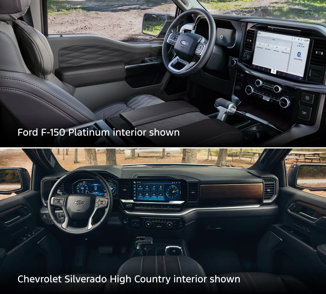 Ford F-150 Platinum interior shown and Chevrolet Silverado High Country interior shown