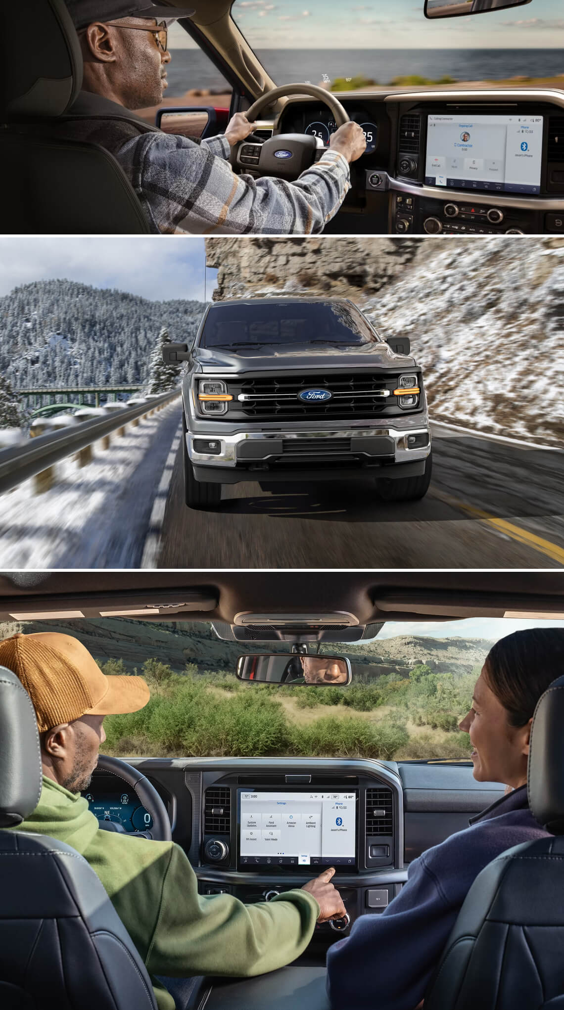 Split image showing 2026 Ford F-150 interiors with driver viewing the navigation screen and exterior of an F-150 on a mountain highway.